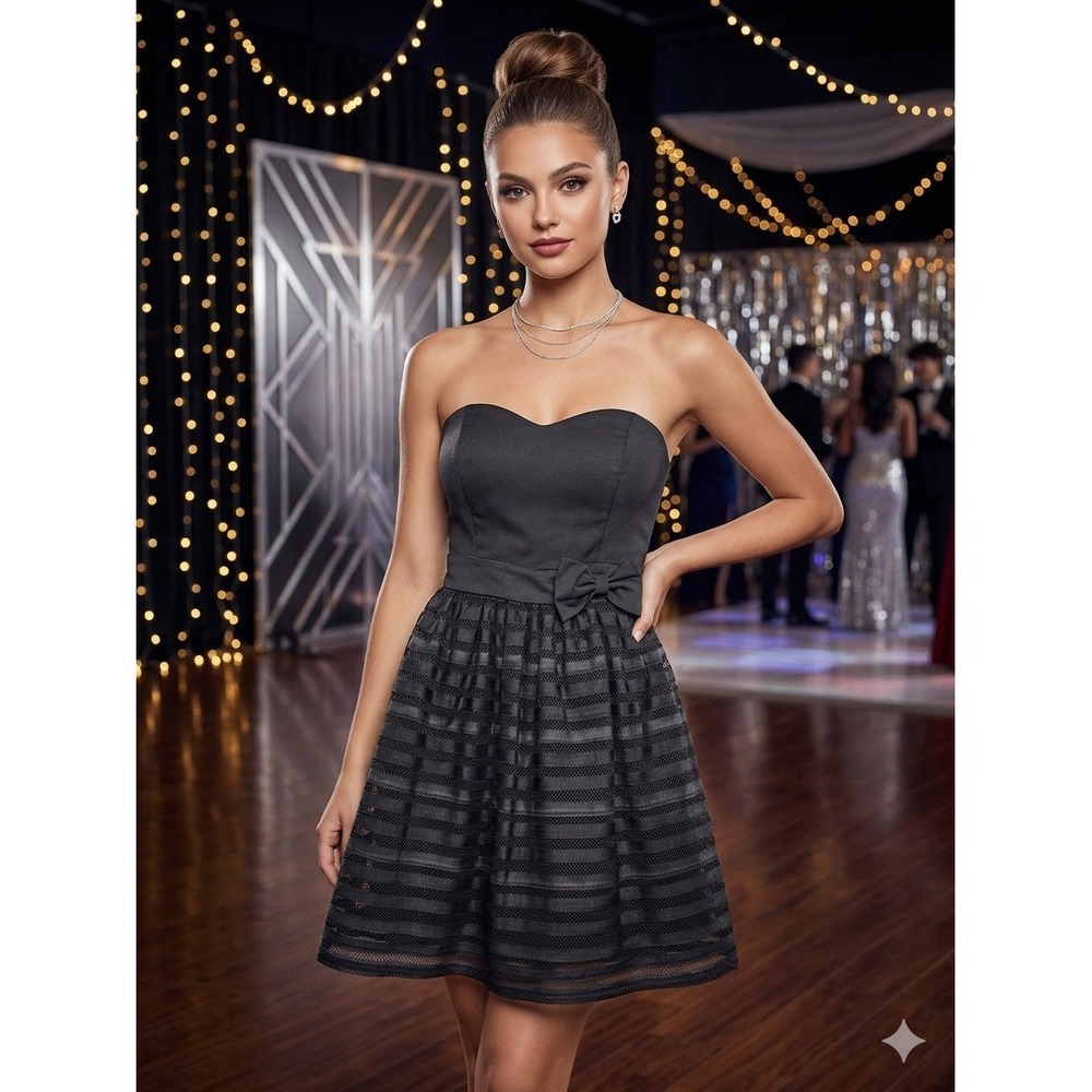 Vtg Y2K BeBop Empire Waist Strapless Mini Cocktail Dress Womens S Black‎ Mesh